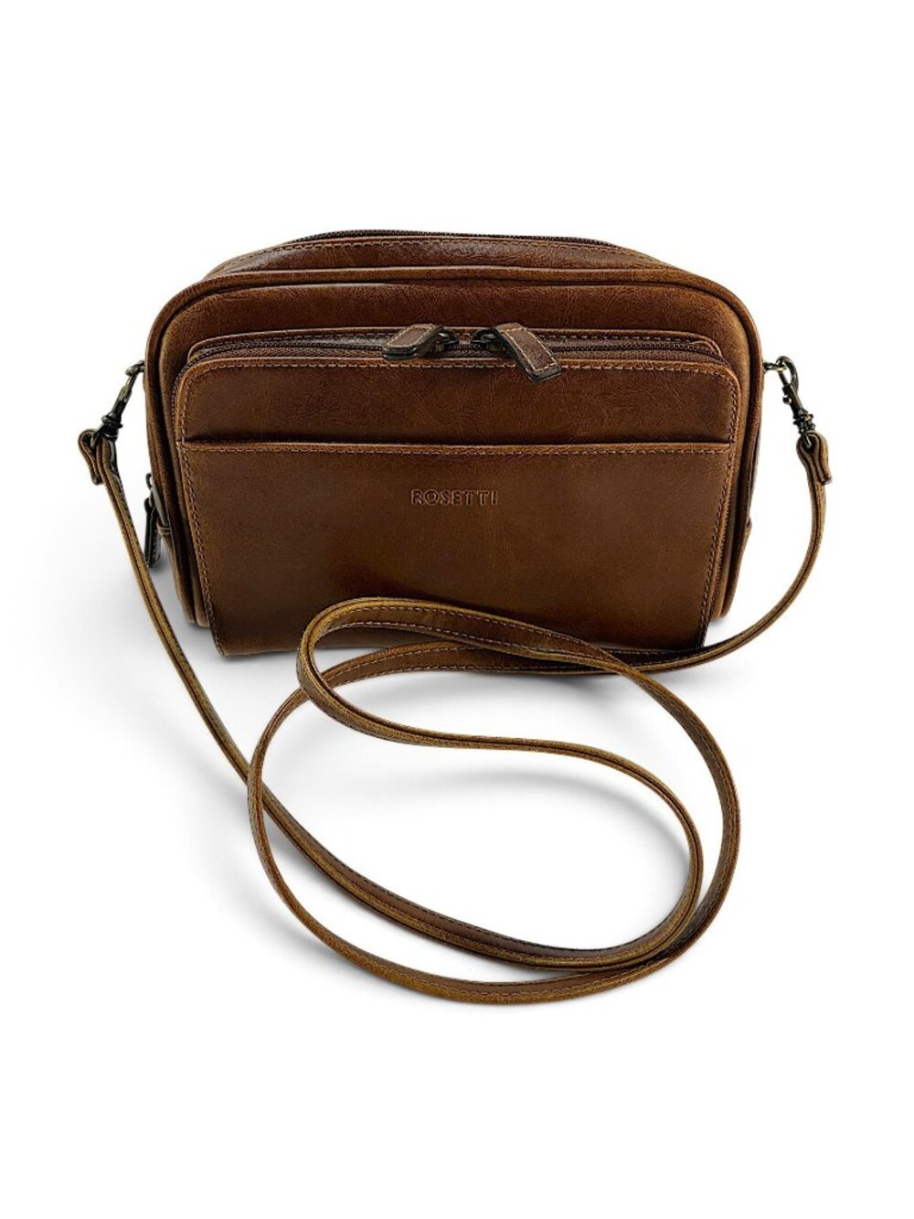 Rosetti Brown Faux-Leather Crossbody Bag Front & Back Zip Pockets Purse